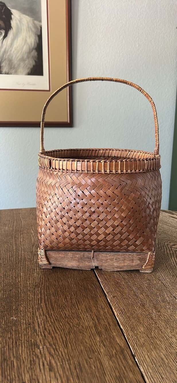 Vintage Handwoven Wicker And Wood Base Basket With Handle Brown